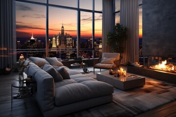 Chic interior design of modern living room at sunset in big city