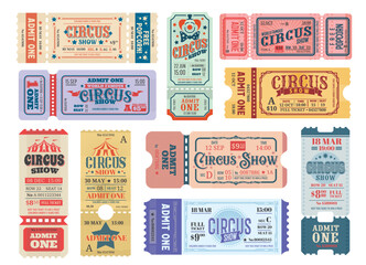 Old vintage circus tickets. Big top tent admit one, retro coupon. Circus show premiere vintage vector entrance admission, concert entry pass or grunge paper admit one tickets set with tear-off part - obrazy, fototapety, plakaty
