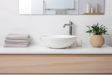 Obraz na płótnie Canvas Wall-mounted vanity with white ceramic vessel sink. Interior design of modern scandinavian bathroom