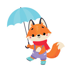 Cute Fox in Rainy Day Walking with Umbrella Vector Illustration