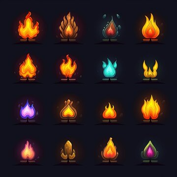 set of pixel fire symbols for game generated ai