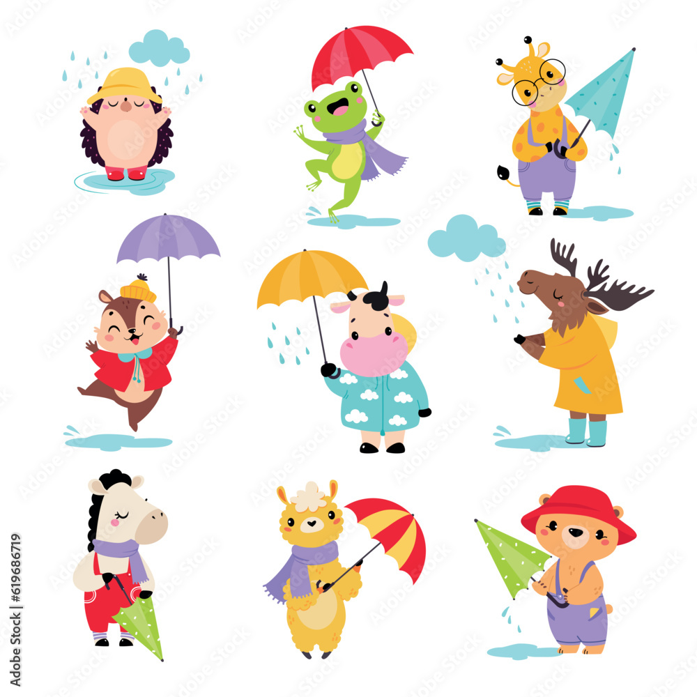 Sticker Cute Animals in Rainy Day Walking with Umbrella Vector Set