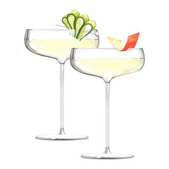 Alcoholic drink with orange peel and cucumber. A set of classic Old Fashion cocktails in a stemmed glass. Watercolor illustration on a white background.