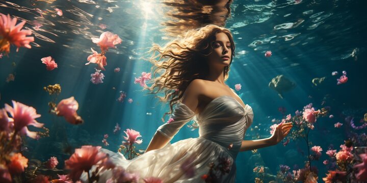 the magic ocean lady with flowers, beautiful young woman with long hair, fictional person created with generative ai