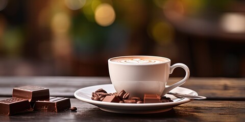 Obraz premium White cup of hot chocolate on blurred cafe background on vintage wooden Table