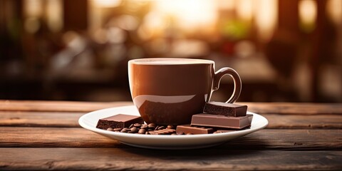 Obraz premium White cup of hot chocolate on blurred cafe background on vintage wooden Table