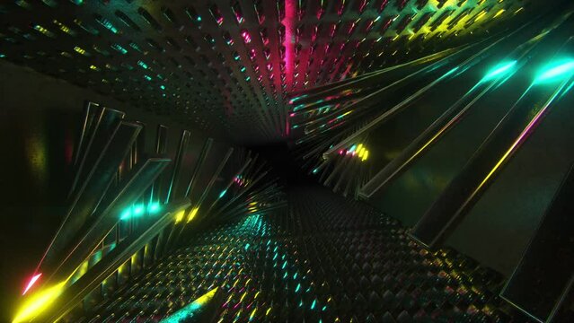 Abstract moving 3D plates, rotating and sliding with a tunnel camera movement, seamless VJ Loop in cyan, magenta & yellow colors