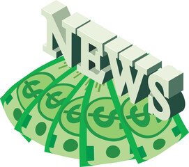 News icon isometric vector. Big news inscription on five dollar banknote icon. Funding, media concept