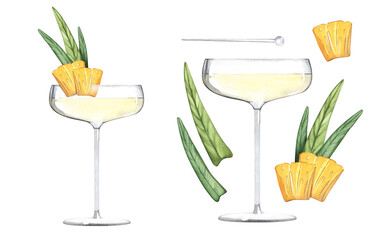 Set French pineapple cocktail with a slice of pineapple. Champagne with fruits. Alcoholic drink in a stemmed glass. Watercolor illustration on a white background.