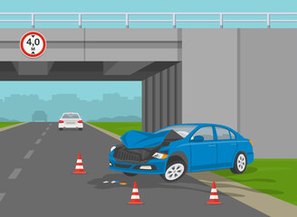 Plakat Safe car driving. Traffic accident on motorway. Car collision with overpass wall. Flat vector illustration template.