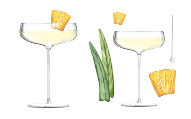 Set French pineapple cocktail with a slice of pineapple. Champagne with fruits. Alcoholic drink in a stemmed glass. Watercolor illustration on a white background.