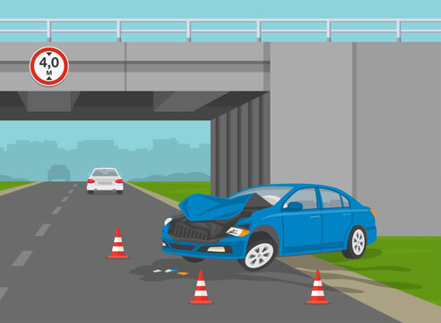 Safe car driving. Traffic accident on motorway. Car collision with overpass wall. Flat vector illustration template.