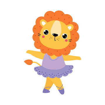 Funny Lion Ballet Dancing in Skirt and Pointe Shoes Vector Illustration