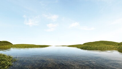 3d render of surreal landscape with  podium in the water and green grass. Podium, display on the background of abstract glass, mirror shapes and objects. Fantasy world, futuristic fantasy image.