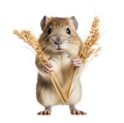 Cute little gerbil holding a sprig of oats on a white background
