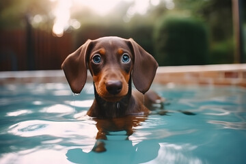 dachshund dog swimming in swimming pool. - obrazy, fototapety, plakaty