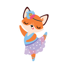 Funny Fox Ballet Dancing in Skirt and Pointe Shoes Vector Illustration