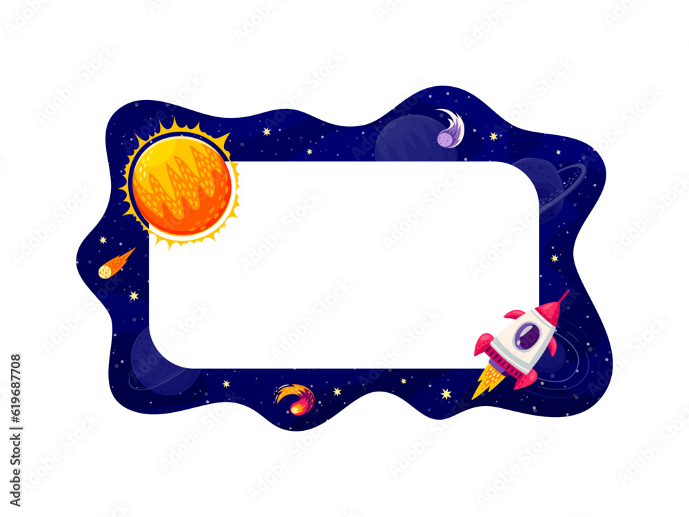 Poster border frame with galaxy space landscape, rocket and sun. vector celestial-themed template showcases