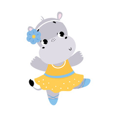 Funny Hippo Ballet Dancing in Skirt and Pointe Shoes Vector Illustration