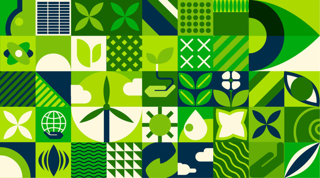 Green Energy, Environment Abstract Geometric Bauhaus Pattern. Vector Ecology, Sustainable Energy And Eco Friendly Power Background. Bauhaus Pattern With Recycle Sign, Green Leaf, Solar Panel, Turbine