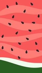 Abstract background in the form of a cut watermelon. Vertical summer striped pink background with seeds. Vector illustration for poster, sticker, banner, postcard
