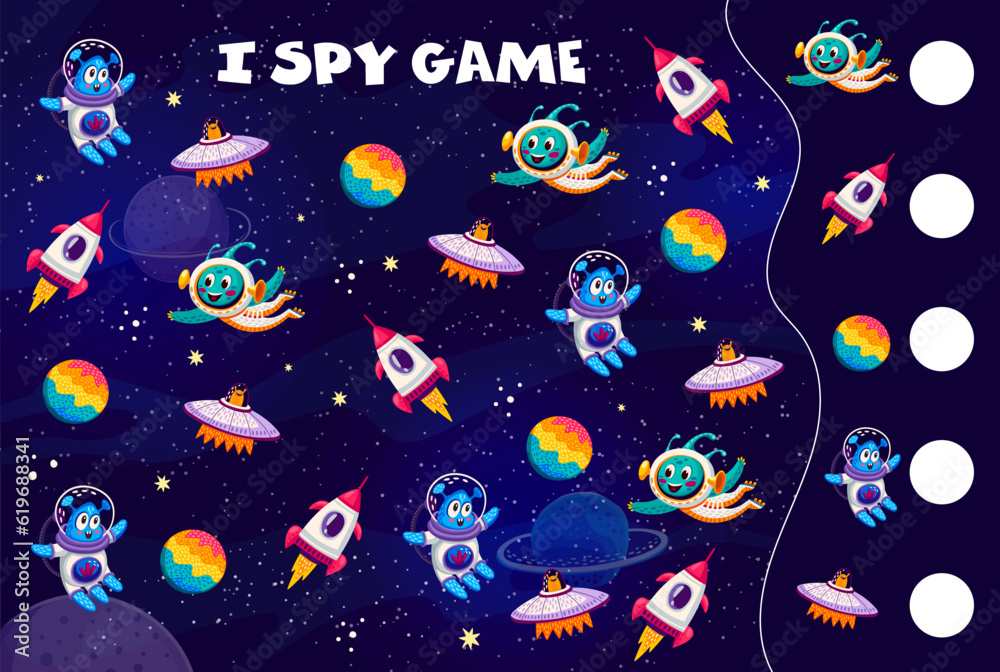 Poster i spy game worksheet. cartoon aliens and ufo in outer space. kids vector math riddle. count how many