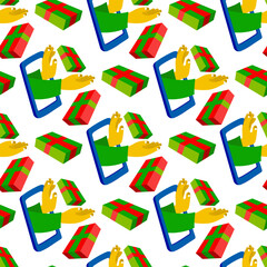 A pattern on the topic of online shopping and delivery. An online order is delivered from the phone screen, holding boxes, parcels in hand. The concept of delivery and online shopping. Print