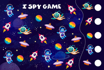 I spy game worksheet. Cartoon aliens and ufo in outer space. Kids vector math riddle. Count how many saucers, aliens, planets and rockets children test. Educational task for baby mind development