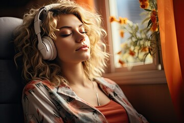 Young woman in headphones listening to music at home. Girl sitting on sofa