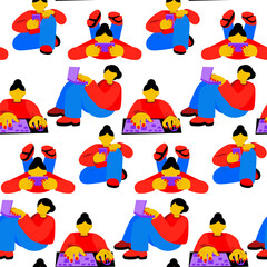 A pattern of girls texting with someone using a laptop and a computer and a phone. Communicates via the Internet. Girls play, communicate, work remotely, shop. A bright character on a white