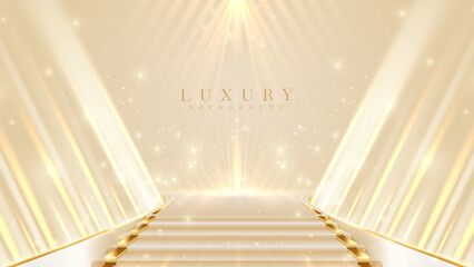 Staircase screen with empty space for product showcase or awards ceremony decorated with spotlights and ambient bokeh effect and sparkling gold. Modern luxury background art.