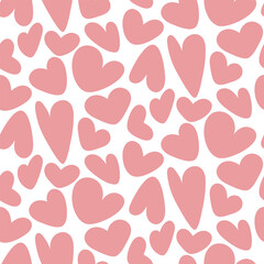 A pattern of Doodle hearts, a hand-drawn collection of love hearts. Swollen, flat, crooked hearts in pink shades. Various symbols of love on a white background. Printing the background for the holiday