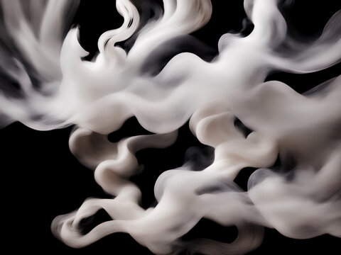Photograph of a singular flowing white light gray smoke stream in black background