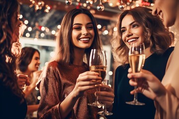 Happy woman drinking champagne at party
