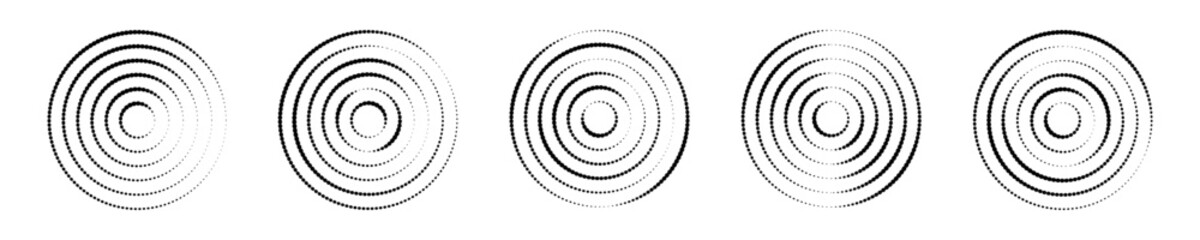 Set of circular ripple icons. Concentric circles with polka dotted broken lines isolated on white background. Vortex, whirpool, sonar or radar signal, soundwave signs