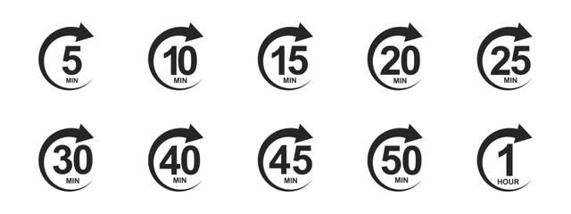 Set of minutes icons with circle arrows. Stopwatch symbol. 5, 10, 15, 20, 25, 30, 40, 45, 50 min countdawn signs. Sport or cooking timers isolated on white background. Vector graphic illustration
