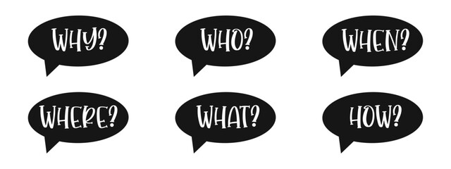 Obraz premium 5W1H questions set. Why, who, where, when, what, how speech text bubbles isolated on white background. Information, idea, consulting symbols. Problem and solution concept. Vector graphic illustration