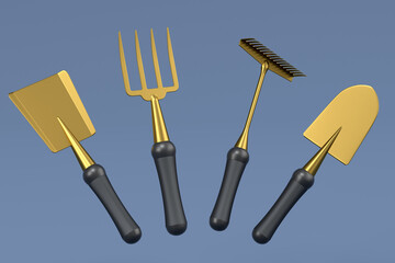 Garden shovel, pitchfork and rake on grey background, summer camping concept