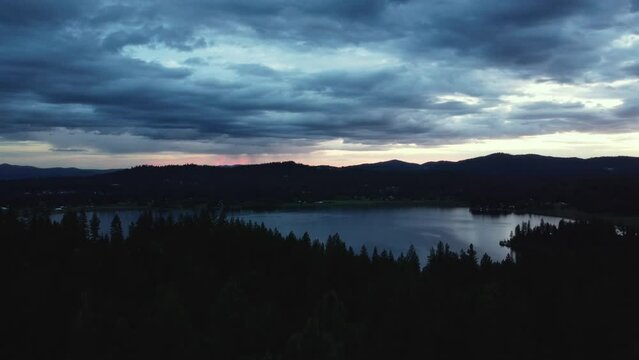Dramatic Sunset Over Redfish Lake In Idaho, USA. aerial ascend