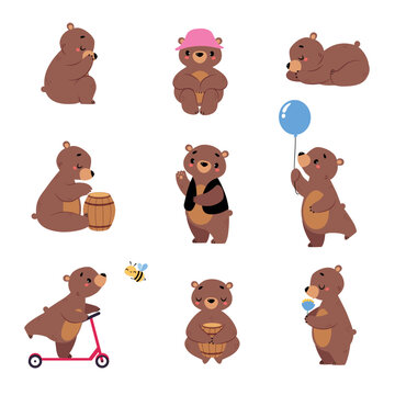Cute Bear Character Engaged in Different Activity Vector Set