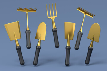 Garden shovel, pitchfork and rake on grey background, summer camping concept