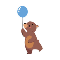 Cute Bear Character with Rounded Ears Walking with Blue Balloon Vector Illustration