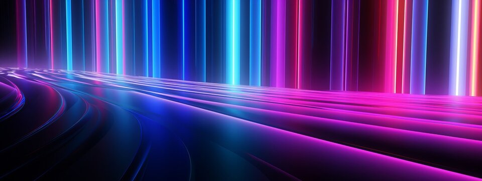 Futuristic digital data transfer background banner wallpaper illustration - Colorful pink blue glowing lines, 3d abstract neon lights texture (Generative Ai)