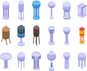 Water tower icons set isometric vector. Industrial tank. Tower plant - obrazy, fototapety, plakaty