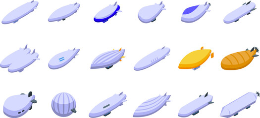 Airship icons set isometric vector. Aur zeppelin. Ship flight