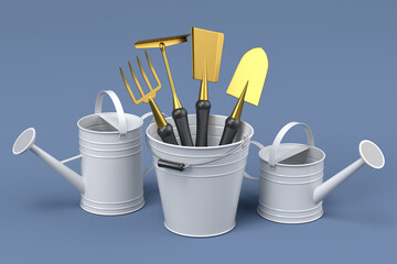 Watering can with garden tools like shovel, rake and fork on grey background.