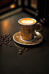 tea coffee cup with hot coffee , over victorian atmosphere, bohemian mood, photo style selective focus.