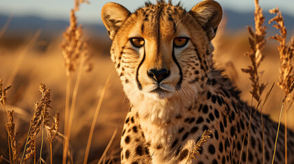 cheetah in serengeti national park, close up of cheetah in savanna plains, generative ai