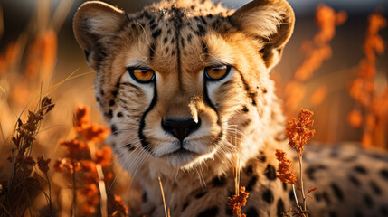 cheetah in serengeti national park, close up of cheetah in savanna plains, generative ai