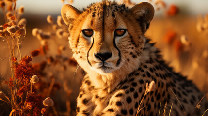 cheetah in serengeti national park, close up of cheetah in savanna plains, generative ai